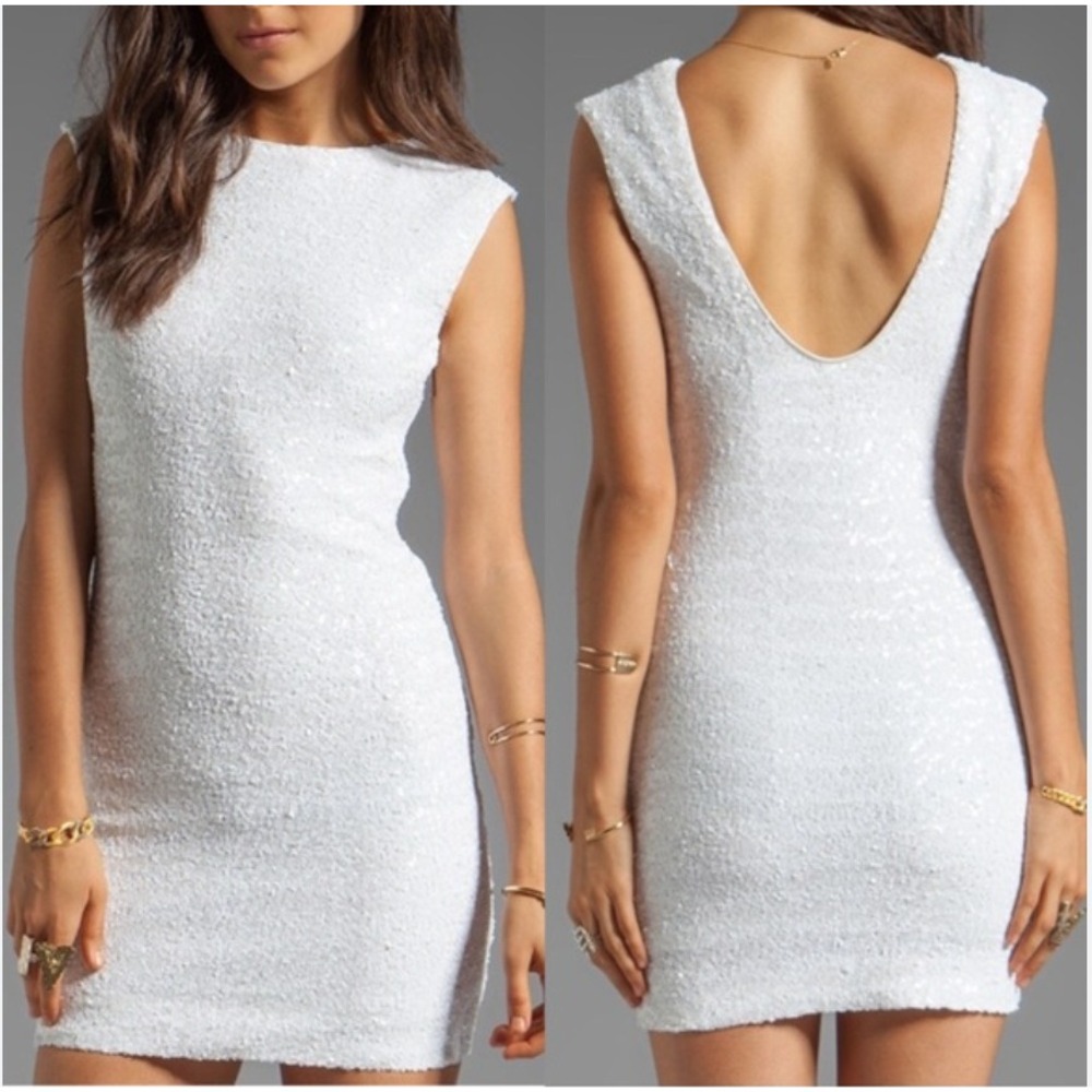 NWT ALBERTO MAKALI White Sequin Cap Shoulder Pad Scoop Sheath Mini Dress 12 - Picture 1 of 10